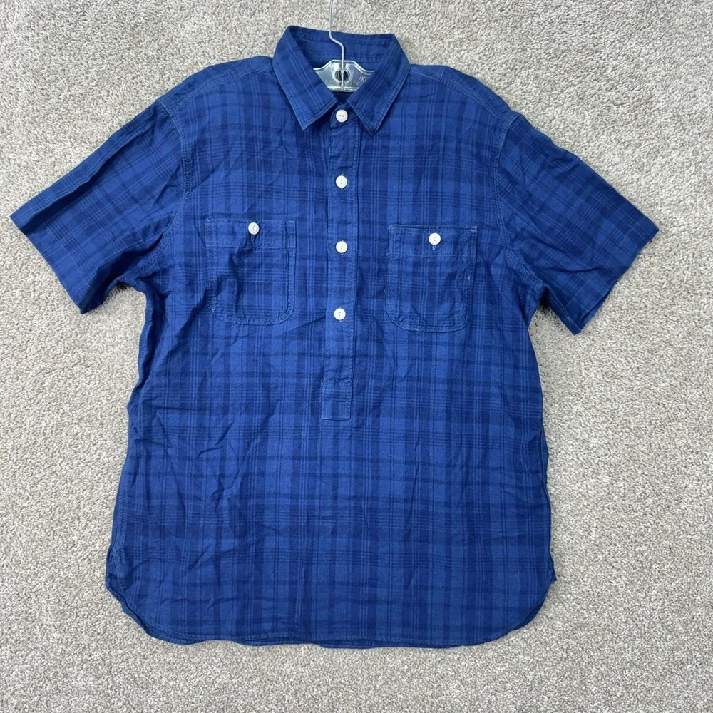 Polo Ralph Lauren Popover Shirt Men Medium Blue Plaid Indigo Oxford Short Sleeve
